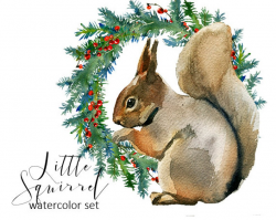 Squirrel Christmas Watercolor Clipart Fur Trees PNG Christmas Winter Forest  Landscape Nursery Decor Children Clip Art Collection Printables