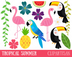 Tropical Birds Clip Art, Flamingo, Toucan, Parrot