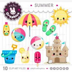 Summer Kawaii Clip Art, Summer Cute Clipart, Summer Art