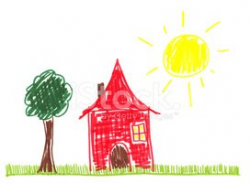 Child's Crayon Drawing of A Red House and Sunshine stock ...