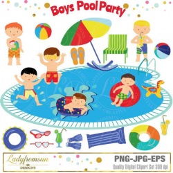 Boys Pool Party Clipart, Pool Party Clip Art, Summer Party ...