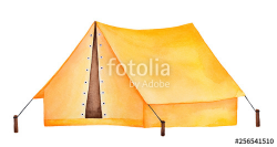 Bright yellow camping tent watercolour drawing. One single ...