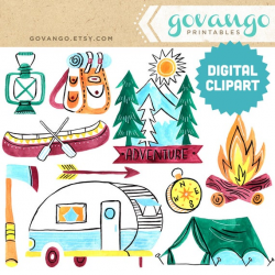 CAMPING Digital Clipart Instant Download Illustration Watercolor Clip Art  Collage Printable Nature Wilderness Glamping Mountains Camper Tent