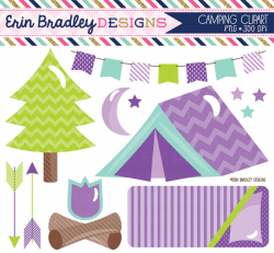 Camping Clipart Purple Tent Sleeping Bag Moon & Stars Girls ...