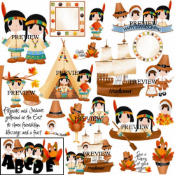 Pilgrim clip art, indian clipart, Mayflower graphics, Thanksgiving party  kits decorations favors clipart printables activity games clip art