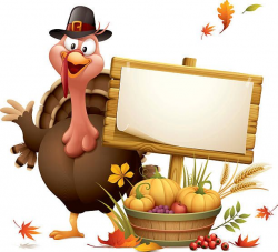 Pilgrim turkey with harvest basket and wood sign ...
