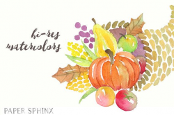 Watercolor Thanksgiving Clipart | Autumn Cornucopia - Turkey ...