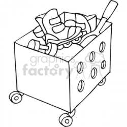 Black and white outline of a toy box with toys clipart. Royalty-free  clipart # 382766