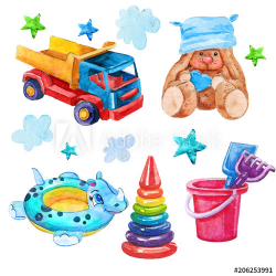Watercolor kids set in cartoon childish toys style of car ...