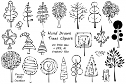 Doodle Trees Clipart, Hand drawn tree clip art, Digital tree ...