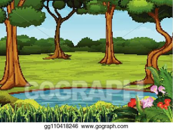 Vector Art - Forest scene with many trees and small pond ...