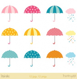 Colorful umbrellas clipart with rainy clouds and raindrops, Rainy day clip  art