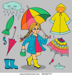 Set of clothes and accessories for rainy weather. Girl with ...