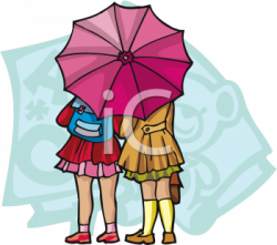 Clipart Picture of Two Schoolgirls Under an Umbrella
