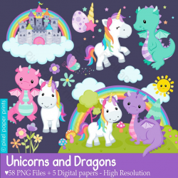 Unicorns and Dragons - Unicorn clipart - Rainbow clip art
