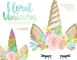 Glitter and Watercolor Unicorn floral Horn Clip art ...