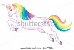 A cartoon unicorn with rainbow mane and tail standing ...