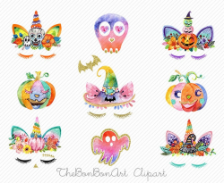Halloween Unicorn Clipart, watercolor unicorn , Halloween clipart, pumpkin  clipart,unicorn face clipart ,Watercolor Halloween Unicorns Gold