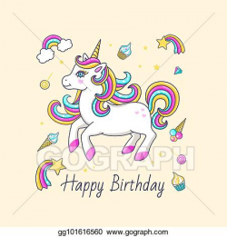 Vector Clipart - Happy birthday card with cute unicorn ...