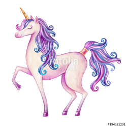 watercolor pink unicorn illustration, fairy tale creature ...