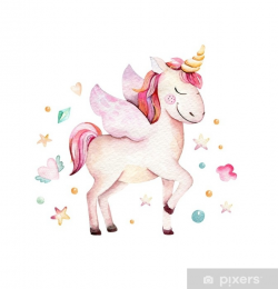 Isolated cute watercolor unicorn clipart. Nursery unicorns illustration.  Princess rainbow unicorns poster. Trendy pink cartoon horse. Wall Mural -  ...