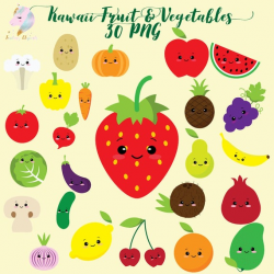 Cute fruit clipart, kawaii vegetables, vegetable clip art, colorful fruits,  cute healthy food, kids clipart set, planner sticker png, sweet