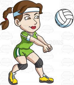 A female volleyball player hits a ball with her forearms ...
