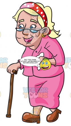 A Happy Female Senior Citizen With A Walking Stick