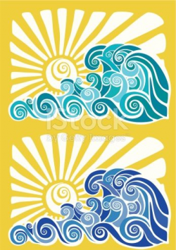 Hawaiian motif with sunset, waves in two colour options ...