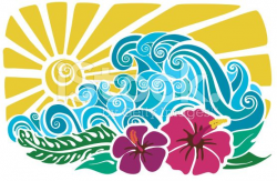 Hawaiian motif with sunset, waves, hibiscus and foliage ...
