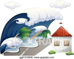 Vector Illustration - Tsunami scene with big waves and house ...