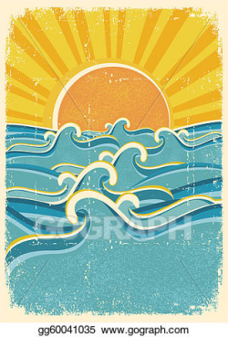 Vector Art - Sea waves and yellow sun on old paper texture ...
