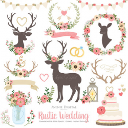 Pink Vintage Rustic Wedding Clipart - Deer and Flower Wreath Graphics