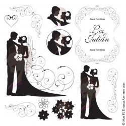 Bride Groom Clipart - Wedding Silhouette Bride And Groom Illustration  Flourish Border Corners for DIY Invitation - FREE Commercial Use 10621
