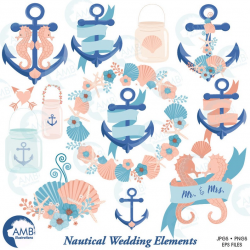 Nautical clipart, Coastal clipart, Wedding clip art, beach wedding clipart,  floral clipart, seahorse, commercial use, AMB-1365