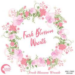 Wedding clipart, Bridal Shower clipart, Floral wreath, Pink Roses and  Hibuscus clipart, Flower frame, AMB-1046