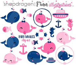 BUY5GET5 Pink Baby Whales Clipart, Pink Nautical Clipart ...