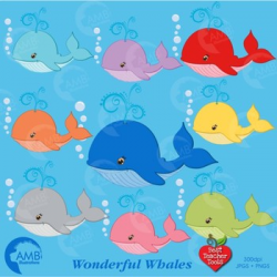Whales clipart, Multi-Colored Nautical Clipart, {Best Teacher Tools},  AMB-309