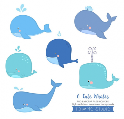 Cute Little Whale Clip Art & Vectors - Invitation, Crafting, Baby Shower,  Web Design, Scrapbooking - Blue Whales - Instant download
