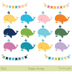 Cute whales clip art set, Colorful whales, Bunting, banners clipart