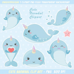 Cute Narwhal Clipart. Pastel Unicorn Clip Art. Narwhal Graphics, Instant  download PNG file - 300 dpi
