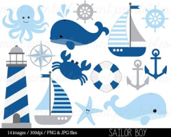 Nautical Clipart Clip Art, Anchor Clipart, Whale Clipart, Sailing Boat Baby  Boy Blue grey - Commercial & Personal - BUY 2 GET 1 FREE!