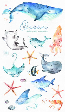 Ocean. Underwater creatures. Watercolor clip art, sharks ...