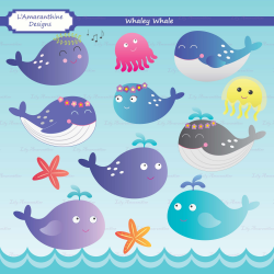 Whaley Whale, Underwater, Sea, Clipart, Cute, Whale, Jellyfish, Starfish,  Clipart, Digital Stamps, Scrapbook, Commercial use