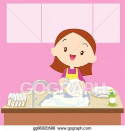 Vector Stock - Cute girl dish washing. Clipart Illustration ...