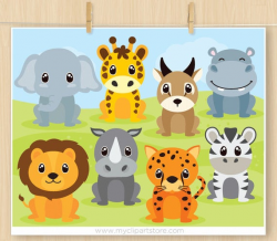 Safari Animals Clipart, lion, giraffe, rhino, hippo, zebra, elephant,  antelope, wild life, Jungle, Commercial Use, Vector clip art, SVG