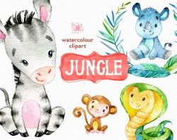 Jungle. Watercolor animals clipart, zebra, rhino, snake, monkey, greeting,  invite, flowers, floral, wreath, palm leaves, baby shower, kids
