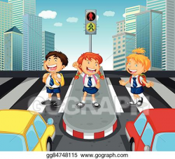 Vector Art - Children crossing the road on zebra crossing ...