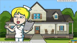 A Female Nurse With A Clipboard and A House With Big Front Porch Background