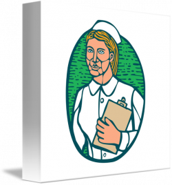 Nurse Holding Clipboard Oval Woodcut Linocut by Aloysius Patrimonio